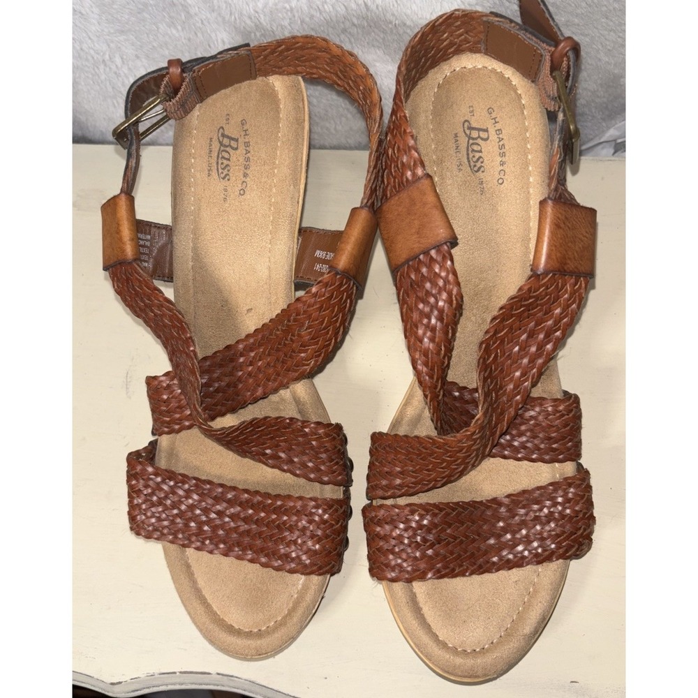 Bass Sadie Strappy Leather Open‎ Toe Heels Retro Faux Wood Heel 9.5